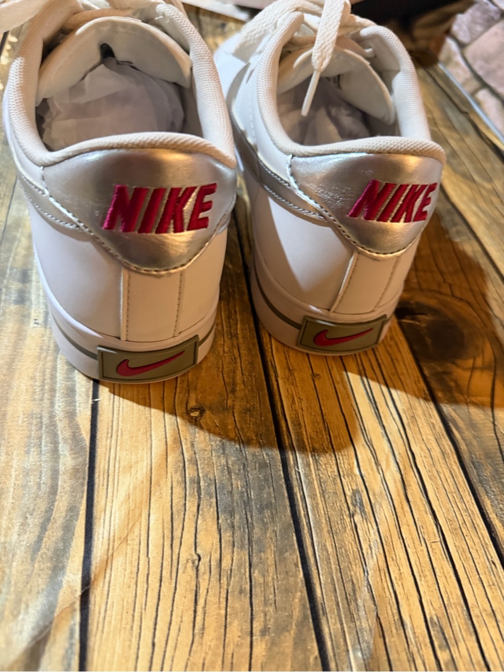 Nike Women's White Sneakers with Metallic Silver Swoosh - Picture 4 of 11